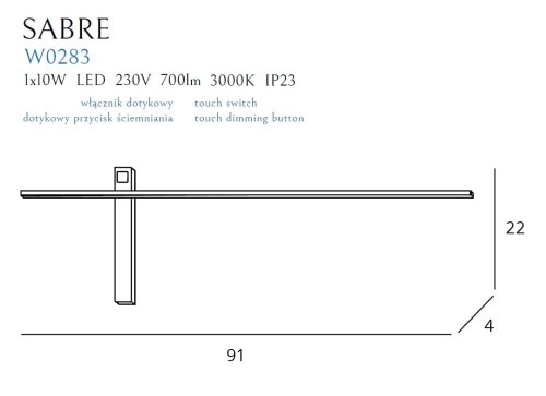 Maxlight Sabre W0283 Kinkiet Czarny ściemnialny z włacznikiem dotykowym rys techniczny