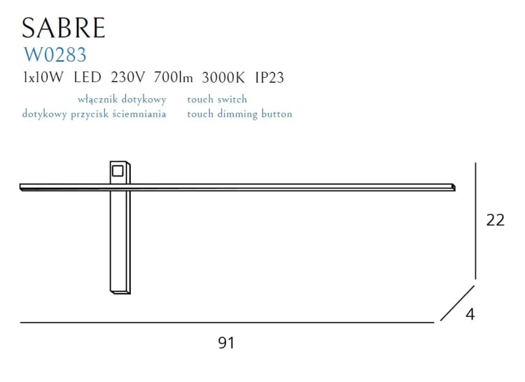 Maxlight Sabre W0283 Kinkiet Czarny ściemnialny z włacznikiem dotykowym rys techniczny