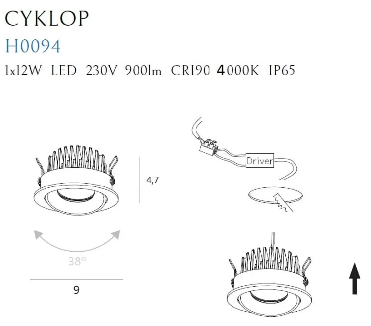 Maxlight H0094 4000K Oprawa Wpustowa Cyklop Biała IP6 rys techniczny