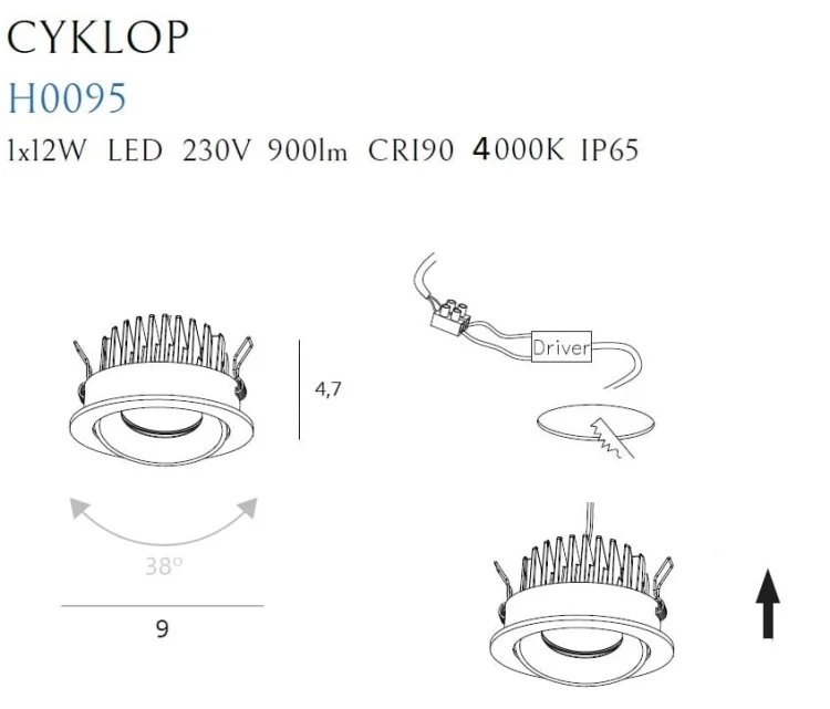 Maxlight H0095 4000K Oprawa Wpustowa Cyklop Czarna IP65  rys techniczny