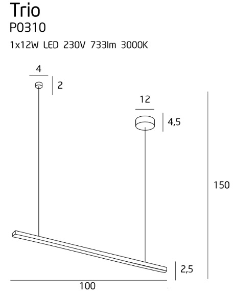 Maxlight Trio 1 P0310 Lampa Wisząca Czarna rys techniczny