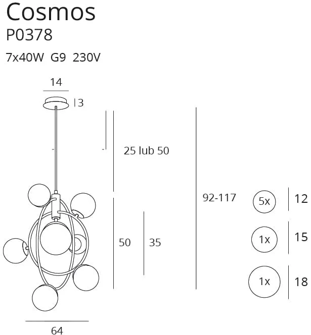 Maxlight Cosmos P0378 Lampa Wisząca Złota  rys techniczny