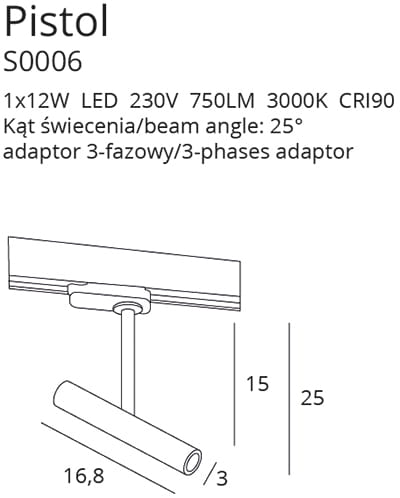 Maxlight Pistol S0006 Oprawa Do Szynoprzewodu Czarna rys techniczny