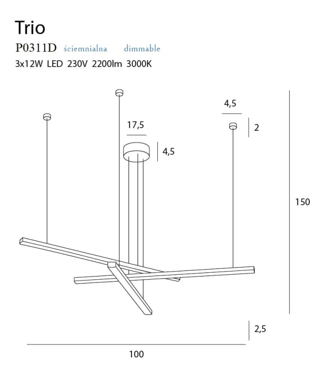Maxlight Trio P0311D Lampa Wisząca Ściemnialna Czarna rys techniczny