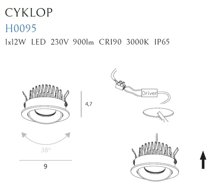 Maxlight Cyklop H0095 Oprawa Wpustowa Czarna IP65 rys techniczny