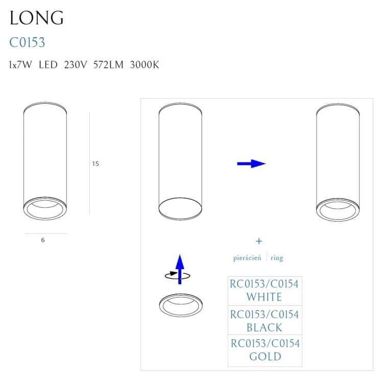 Maxlight Long C0153 Lampa Sufitowa/Plafon Okrągły Biały rys techniczny