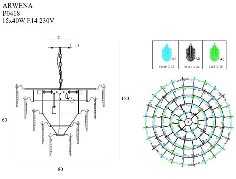 Maxlight Arwena P0418 Lampa Wisząca Złota rys techniczny