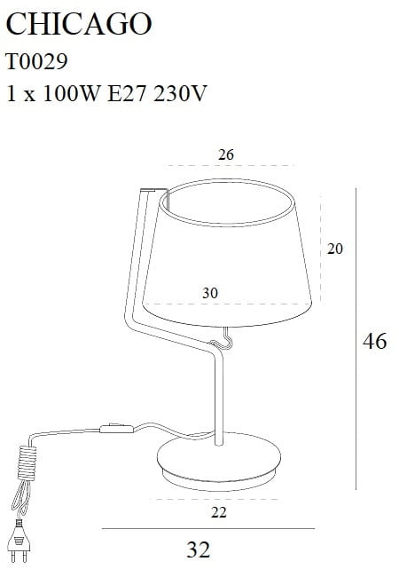 Maxlight Chicago T0029 Lampa Stołowa Czarny Abażur rys techniczny