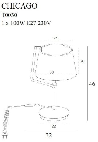 Maxlight Chicago T0030 Lampa Stołowa Chrom/Biały Abażur rys techniczny