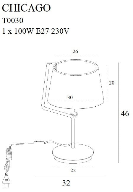 Maxlight Chicago T0030 Lampa Stołowa Chrom/Biały Abażur rys techniczny