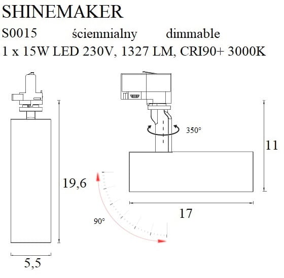 Maxlight Shinemaker S0015 Lampa Do Szynoprzewodu Biała Ściemnialna rys techniczny