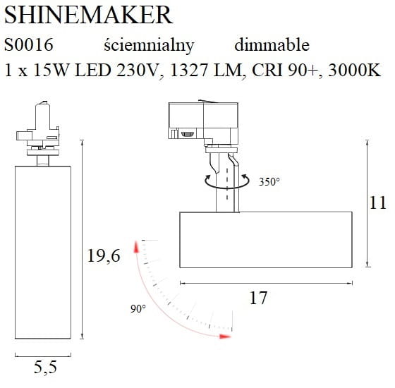 Maxlight Shinemaker S0016 Lampa Do Szynoprzewodu Czarna Ściemnialna rys techniczny