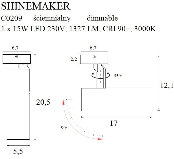 Maxlight Shinemaker C0209 Lampa Sufitowa Biała Ściemnialna  rys techniczny