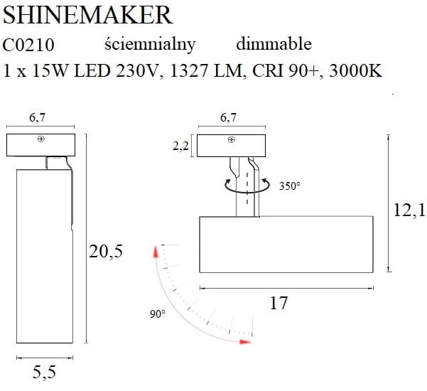 Maxlight Shinemaker C0210 Lampa Sufitowa Czarna Ściemnialna rys techniczny