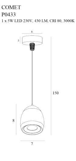 Maxlight Comet Round P0433 Lampa Wisząca Czarna rys techniczny