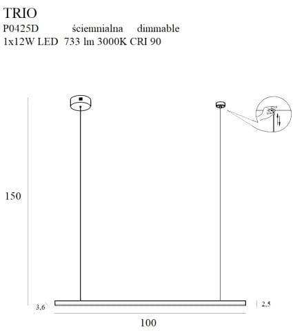 Maxlight Trio 1 P0425D Lampa Wisząca Złota Ściemnialna rys techniczny