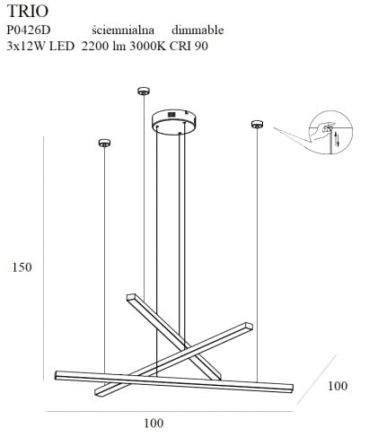 Maxlight Trio 3 P0426D Lampa Wisząca Ściemnialna Złota rys techniczny