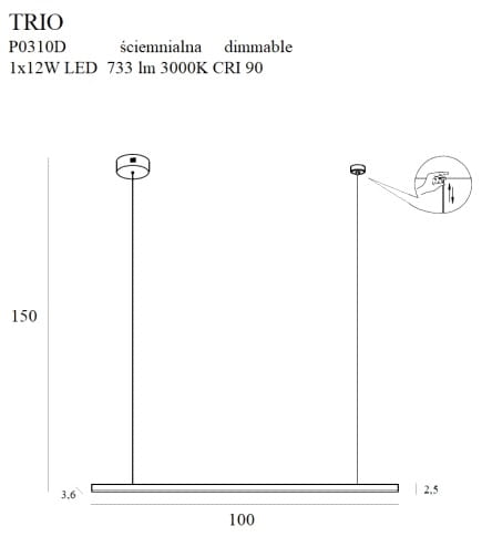 Maxlight Trio 1 P0310D Lampa Wisząca Ściemnialna rys techniczny
