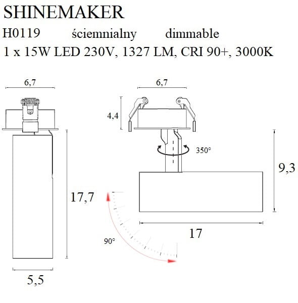 Maxlight Shinemaker H0119 Lampa Wpuszczana Biała Ściemnialna rys techniczny