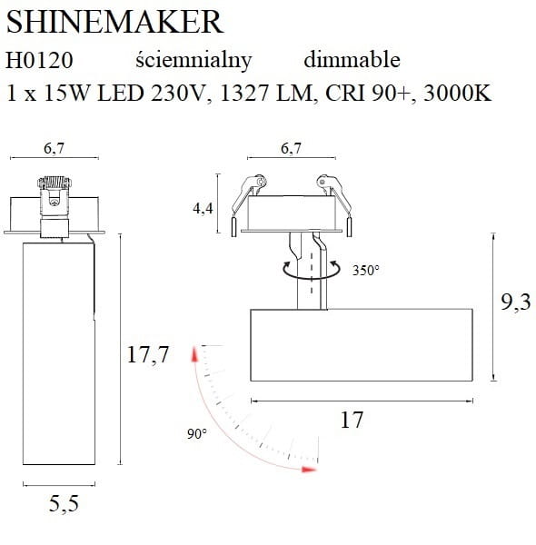 Maxlight Shinemaker H0120 Lampa Wpuszczana Czarna Ściemnialna  rys techniczny