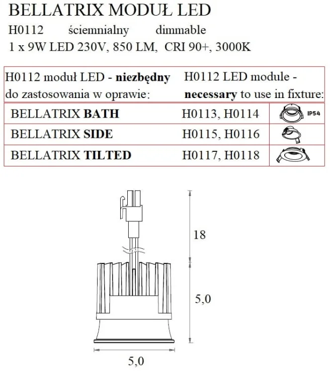 Maxlight Bellatrix H0112 Moduł Świetlny Led Module - Ściemnialny Do Opraw Wpustowych Bellatrix rys techniczny