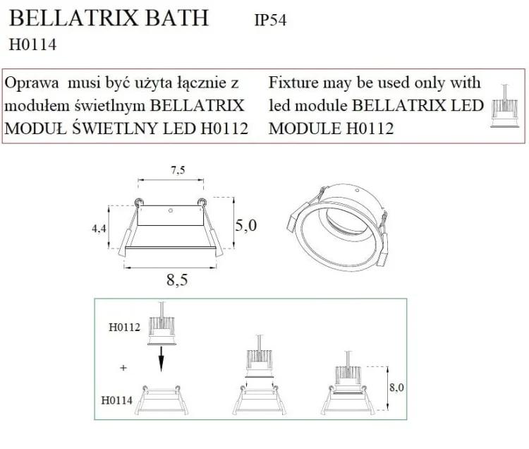 Maxlight Bellatrix H0114 Oprawa Wpustowa Bath Czarna IP54- Bez Modułu Świetlnego Led H0112 rys techniczny