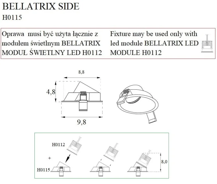 Maxlight Bellatrix H0115 Oprawa Wpustowa Side Biała - Bez Modułu Świetlnego Led H0112 rys techniczny