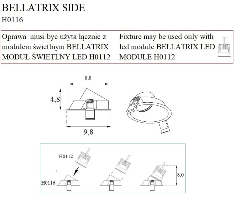 Maxlight Bellatrix H0116 Oprawa Wpustowa Side Czarna - Bez Modułu Świetlnego Led H0112 rys techniczny