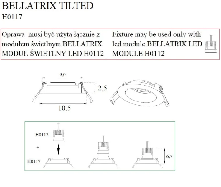 Maxlight Bellatrix H0117 Oprawa Wpustowa Bellatrix Tilted Biała - Bez Modułu Świetlnego Led H0112  rys techniczny