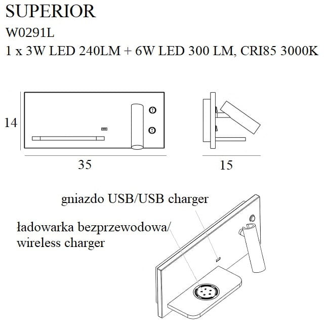 Maxlight Superior W0291l Lewa Kinkiet Z Gniazdem Usb I Ładowarką Indukcyjną Biały rys techniczny